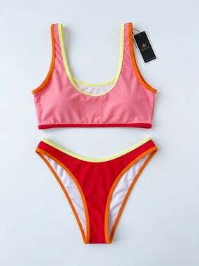 Color-Block‎ Pink & Red Bikini with Neon Trim